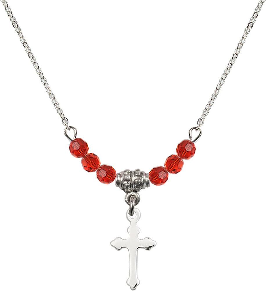 Sterling Silver Cross Birthstone Necklace with Ruby Beads - 2528