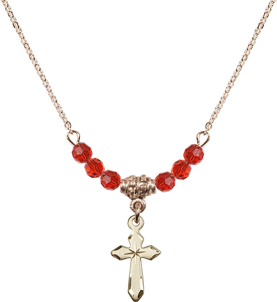 14kt Gold Filled Cross Birthstone Necklace with Ruby Beads - 2529