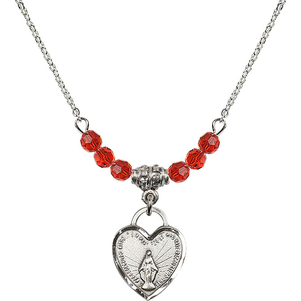 Sterling Silver Miraculous Heart Birthstone Necklace with Ruby Beads - 3401