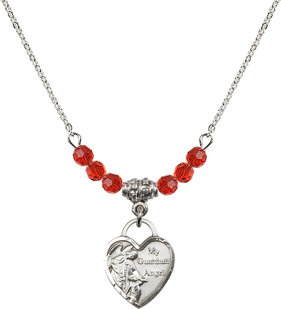 Sterling Silver Guardian Angel Heart Birthstone Necklace with Ruby Beads - 3402
