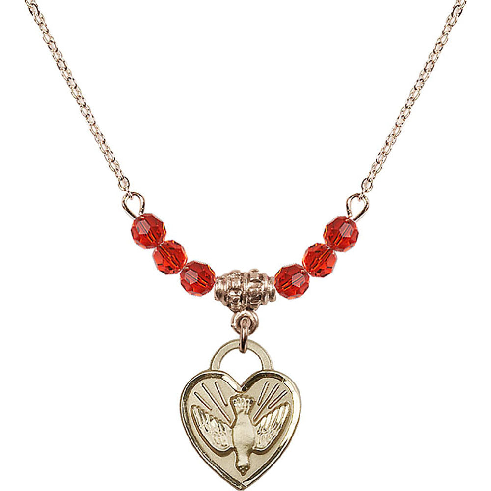 14kt Gold Filled Confirmation Heart Birthstone Necklace with Ruby Beads - 3405