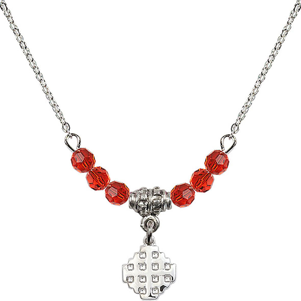 Sterling Silver Jerusalem Cross Birthstone Necklace with Ruby Beads - 4118