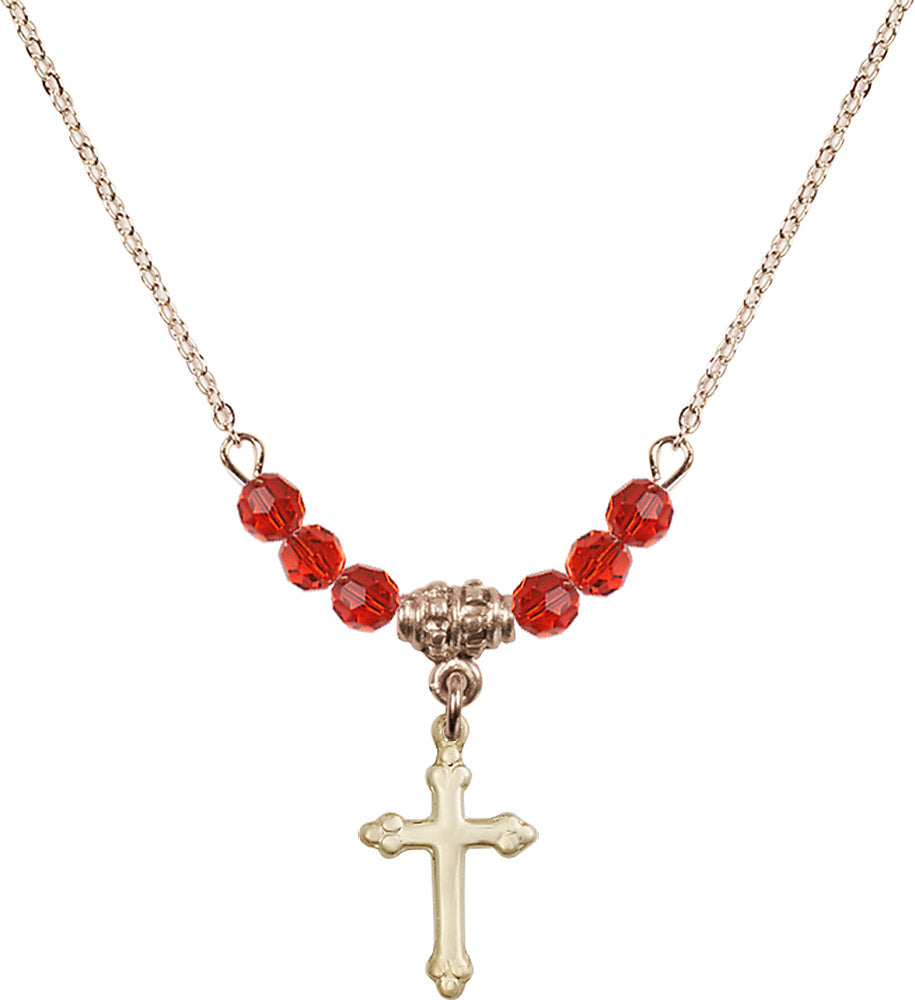 14kt Gold Filled Cross Birthstone Necklace with Ruby Beads - 5415