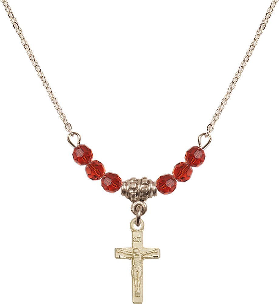 14kt Gold Filled Crucifix Birthstone Necklace with Ruby Beads - 5417