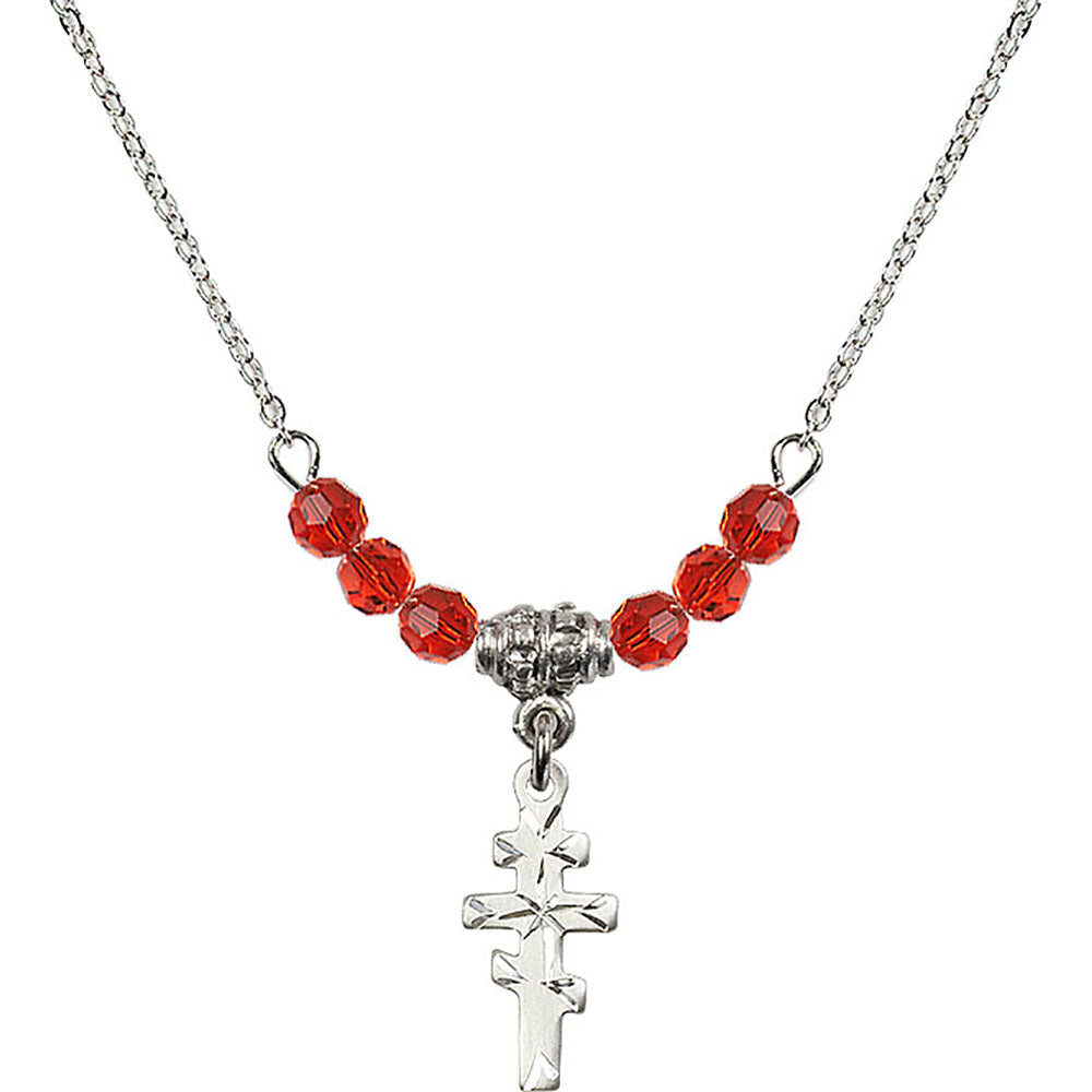 Sterling Silver Greek Orthadox Cross Birthstone Necklace with Ruby Beads - 5654