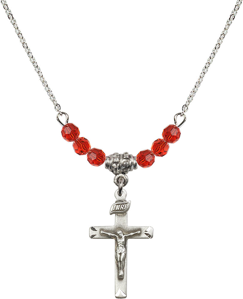 Sterling Silver Crucifix Birthstone Necklace with Ruby Beads - 5668