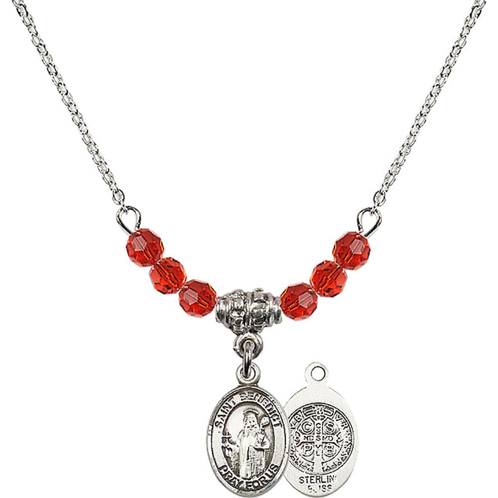Sterling Silver Saint Benedict Birthstone Necklace with Ruby Beads - 9008