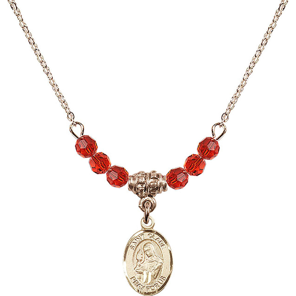 14kt Gold Filled Saint Clare of Assisi Birthstone Necklace with Ruby Beads - 9028