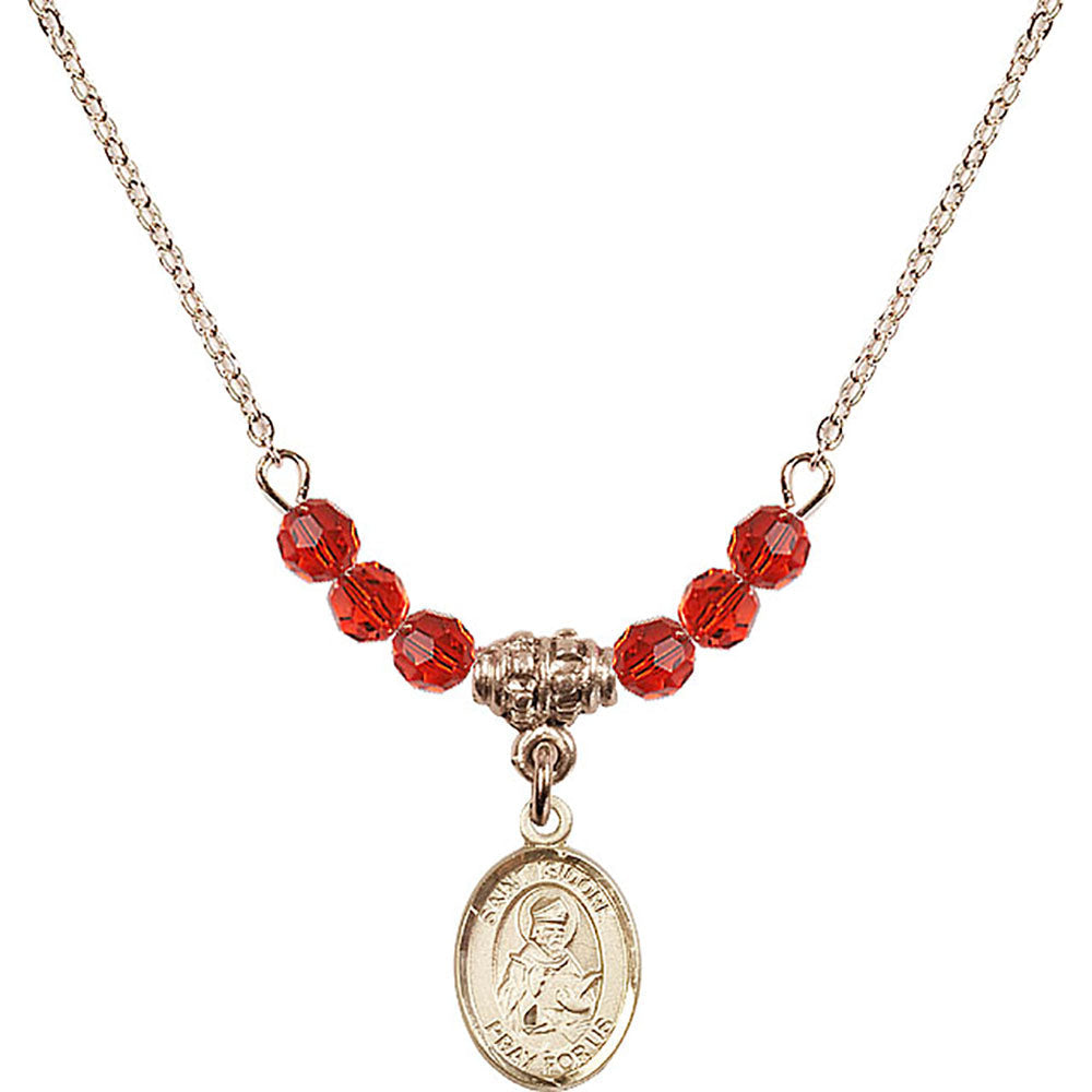 14kt Gold Filled Saint Isidore of Seville Birthstone Necklace with Ruby Beads - 9049