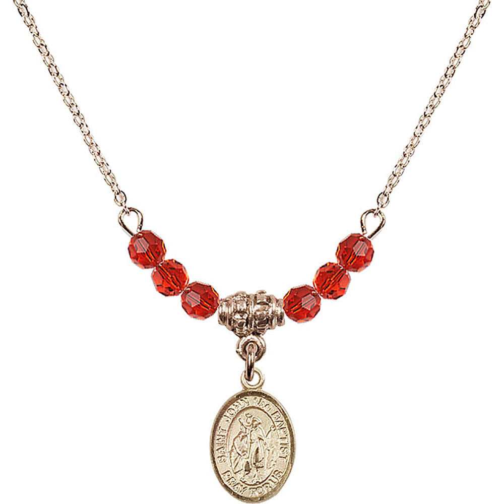 14kt Gold Filled Saint John the Baptist Birthstone Necklace with Ruby Beads - 9054