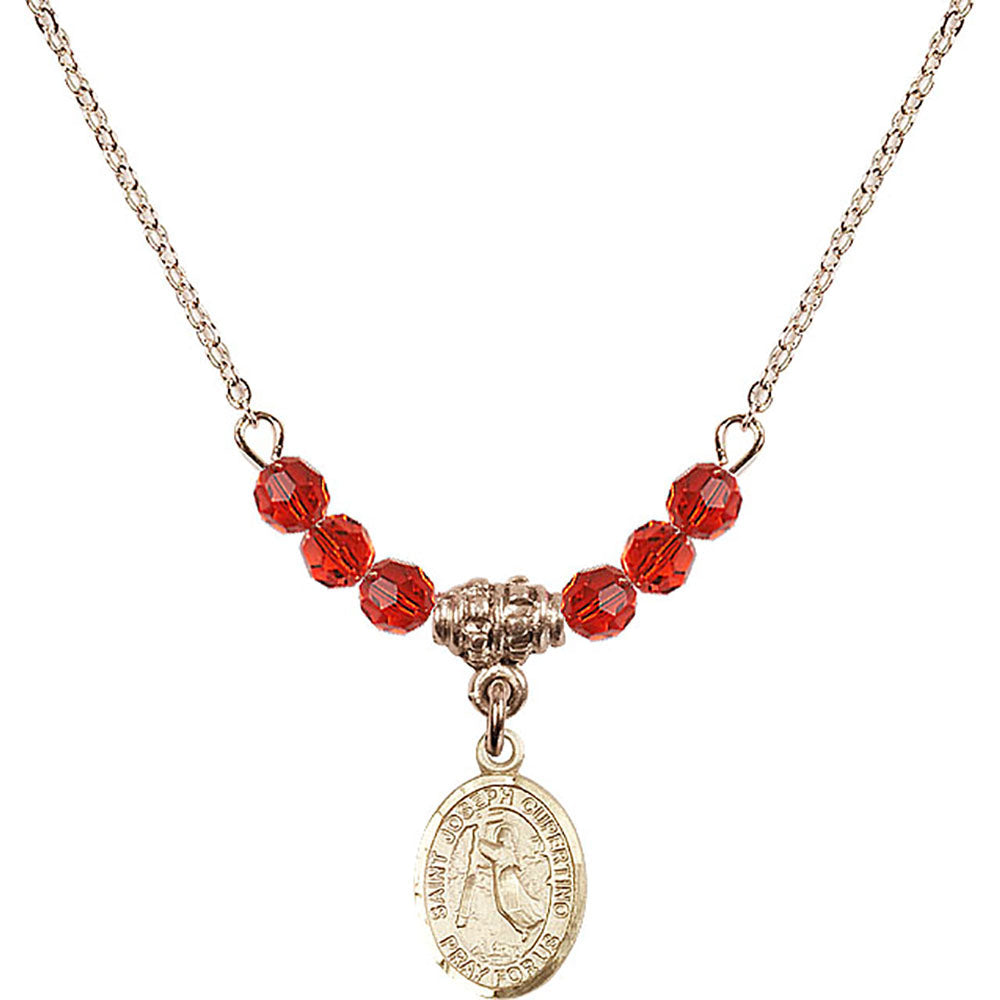 14kt Gold Filled Saint Joseph of Cupertino Birthstone Necklace with Ruby Beads - 9057