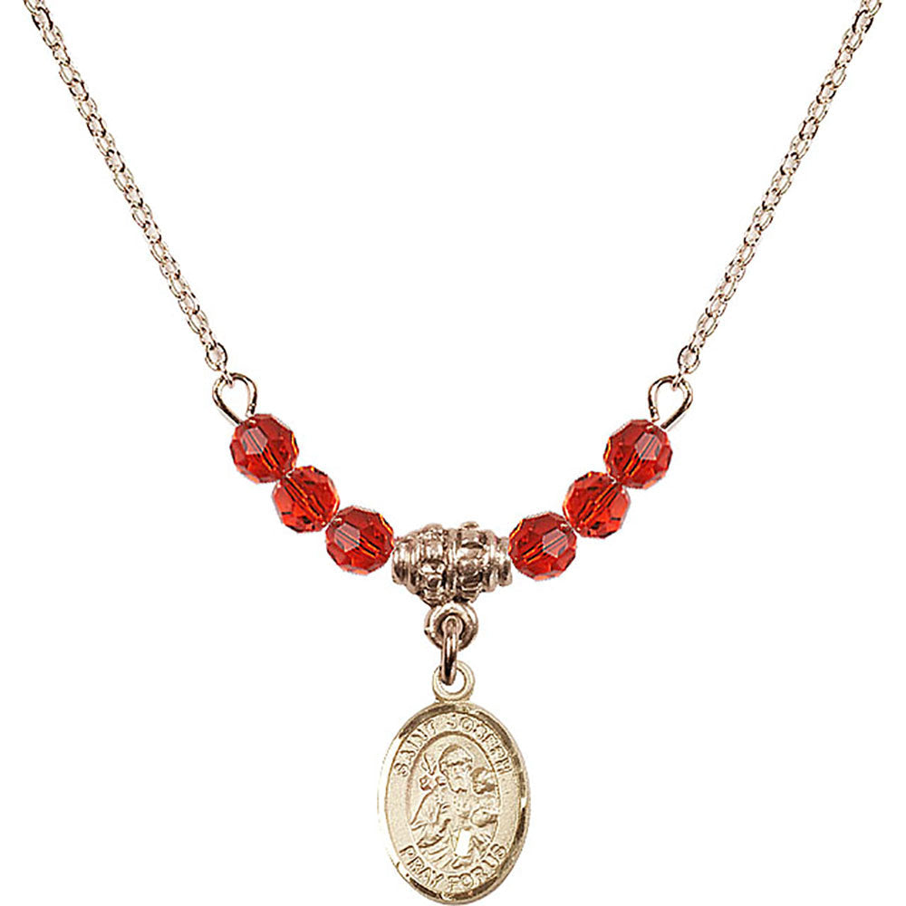 14kt Gold Filled Saint Joseph Birthstone Necklace with Ruby Beads - 9058