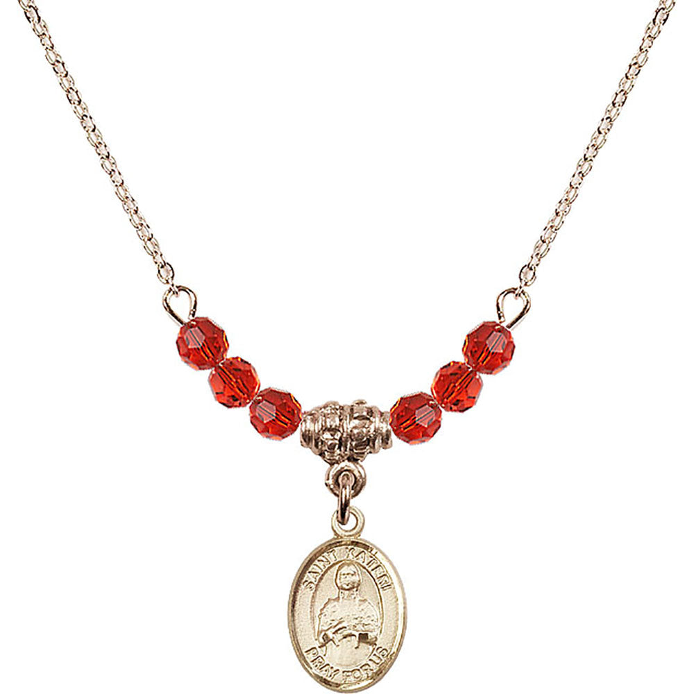 14kt Gold Filled Saint Kateri Tekakwitha Birthstone Necklace with Ruby Beads - 9061