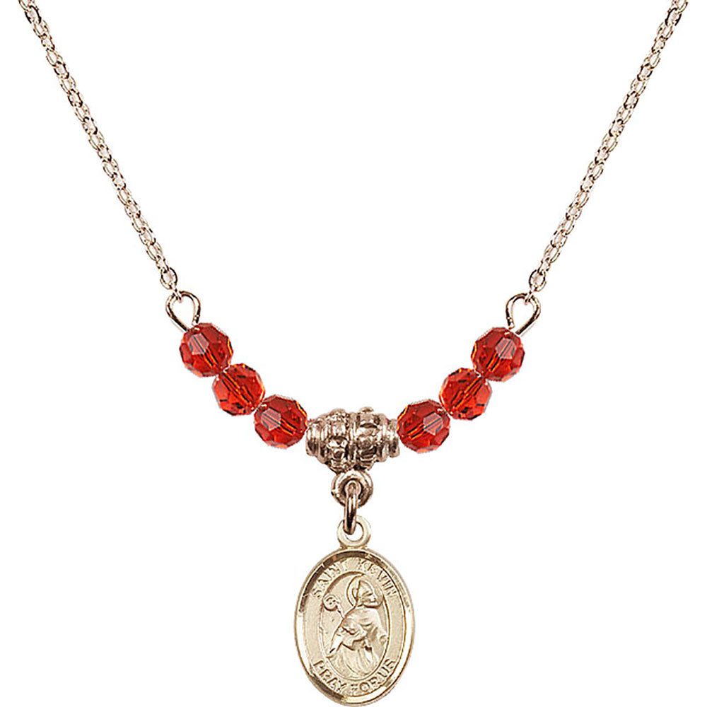 14kt Gold Filled Saint Kevin Birthstone Necklace with Ruby Beads - 9062