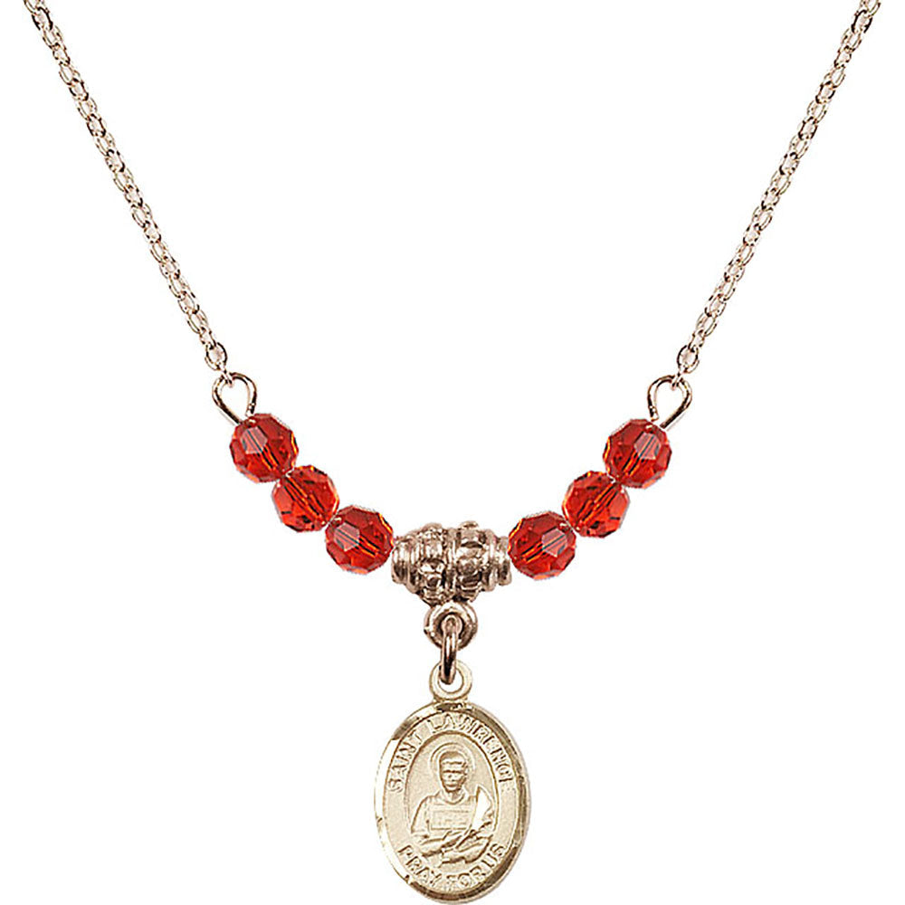 14kt Gold Filled Saint Lawrence Birthstone Necklace with Ruby Beads - 9063