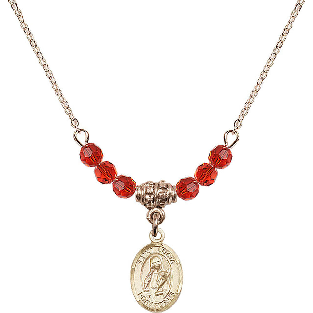 14kt Gold Filled Saint Lucia of Syracuse Birthstone Necklace with Ruby Beads - 9065