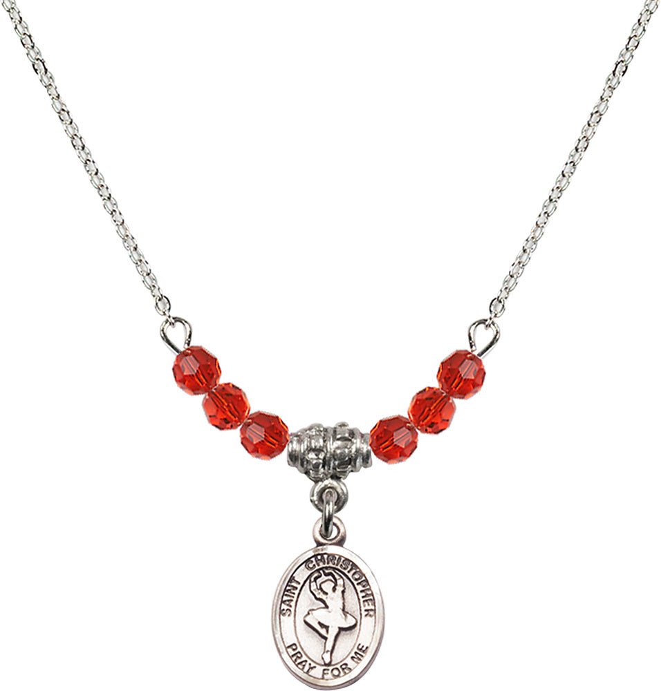 Sterling Silver Saint Christopher/Dance Birthstone Necklace with Ruby Beads - 9143