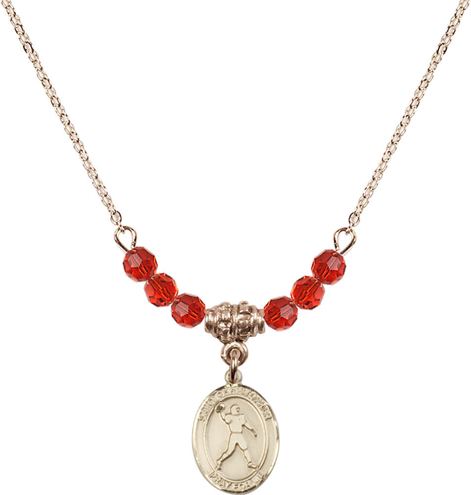14kt Gold Filled Saint Christopher/Football Birthstone Necklace with Ruby Beads - 9151