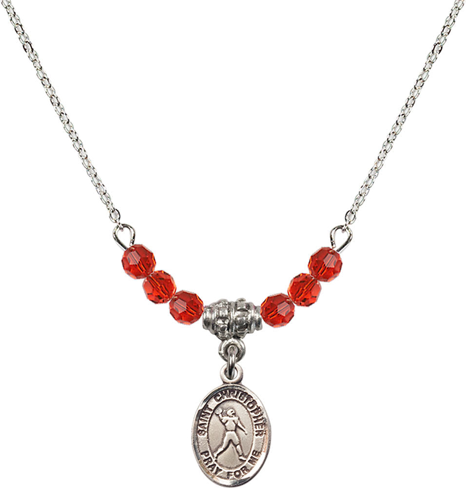 Sterling Silver Saint Christopher/Football Birthstone Necklace with Ruby Beads - 9151