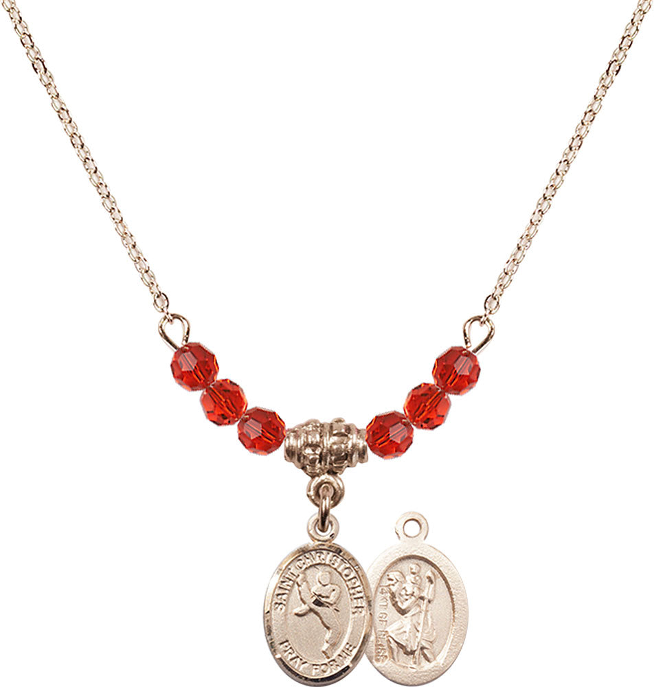 14kt Gold Filled Saint Christopher/Martial Arts Birthstone Necklace with Ruby Beads - 9158
