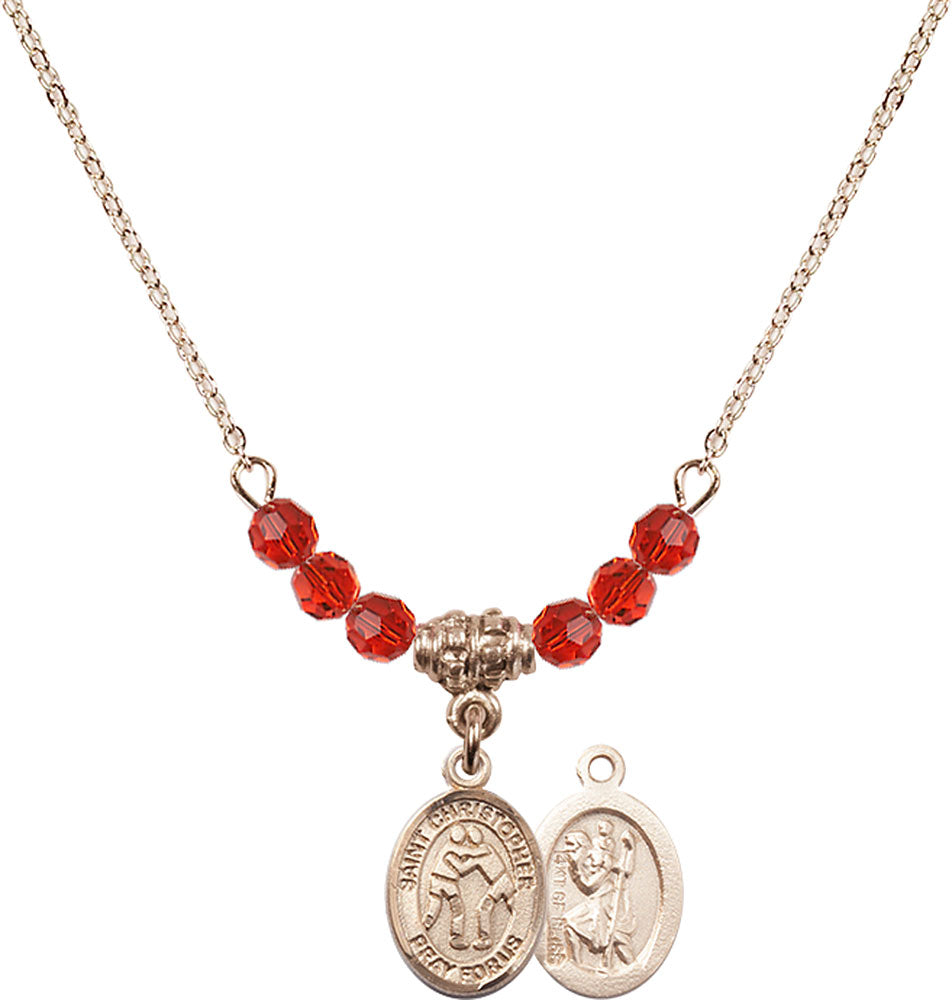 14kt Gold Filled Saint Christopher/Wrestling Birthstone Necklace with Ruby Beads - 9159