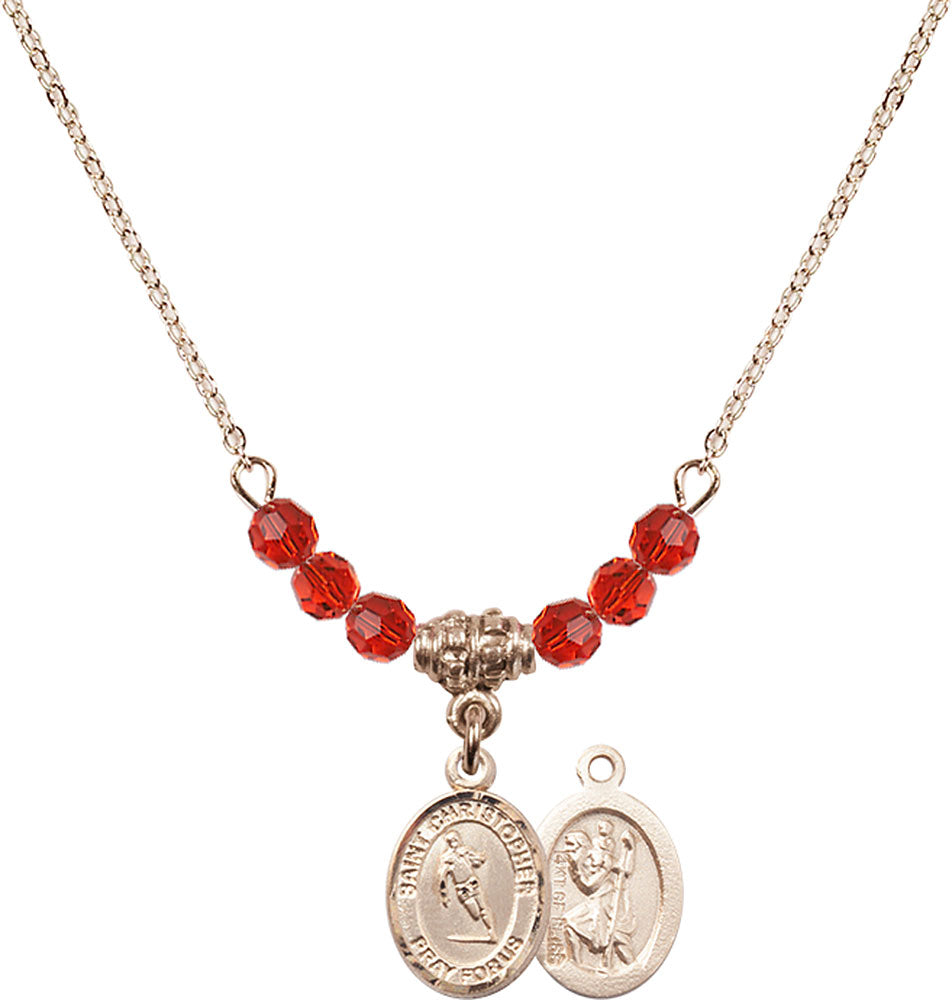 14kt Gold Filled Saint Christopher / Rugby Birthstone Necklace with Ruby Beads - 9194