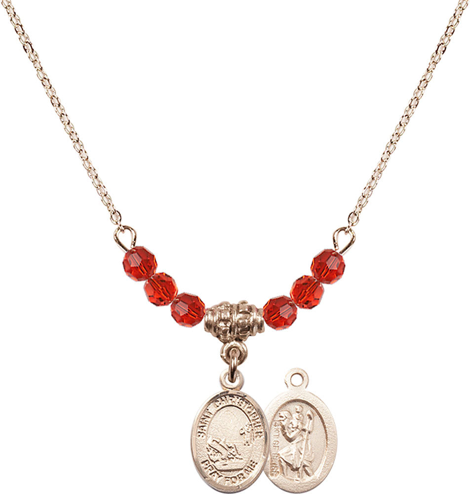 14kt Gold Filled Saint Christopher / Fishing Birthstone Necklace with Ruby Beads - 9196