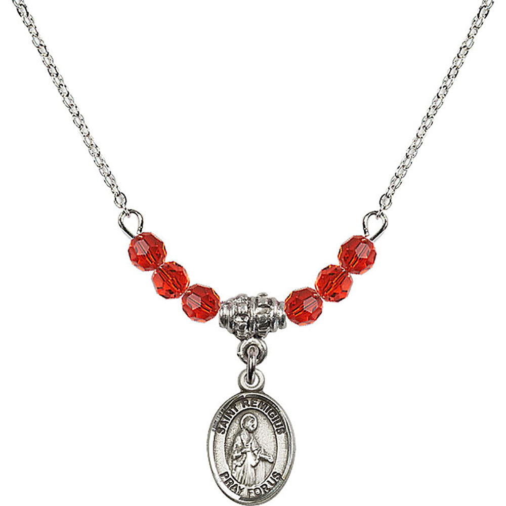 Sterling Silver Saint Remigius of Reims Birthstone Necklace with Ruby Beads - 9274