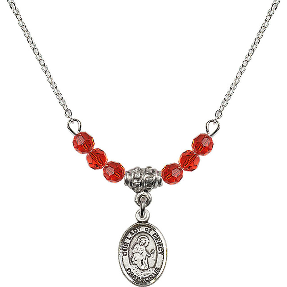 Sterling Silver Our Lady of Mercy Birthstone Necklace with Ruby Beads - 9289