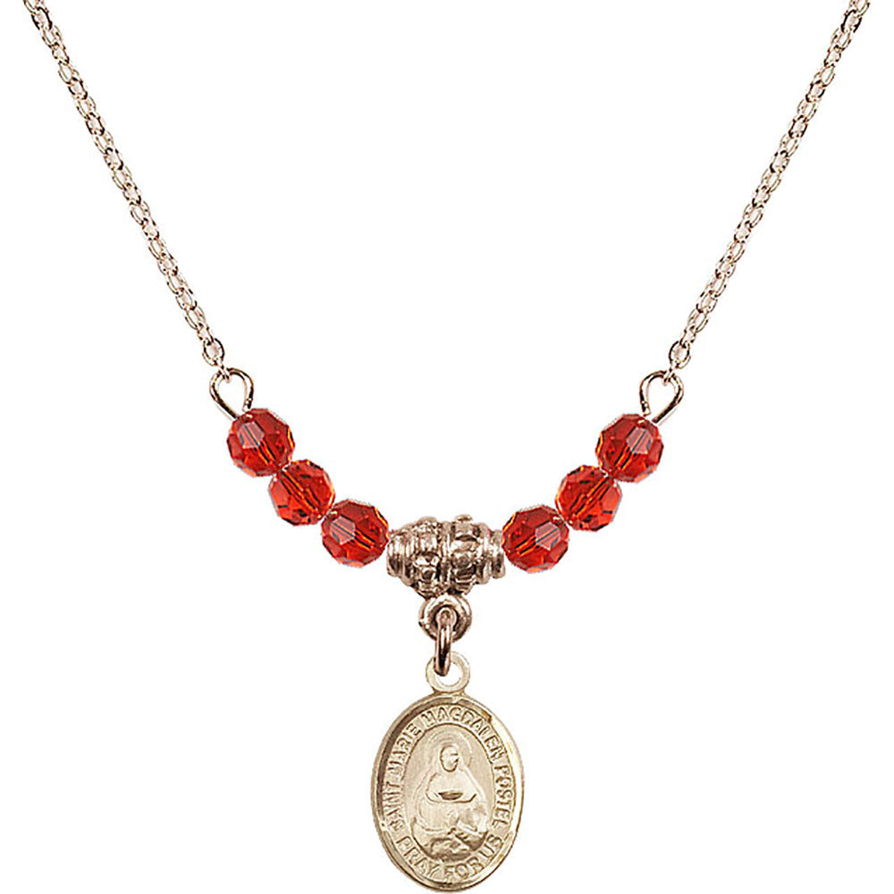 14kt Gold Filled Saint Marie Magdalen Postel Birthstone Necklace with Ruby Beads - 9294