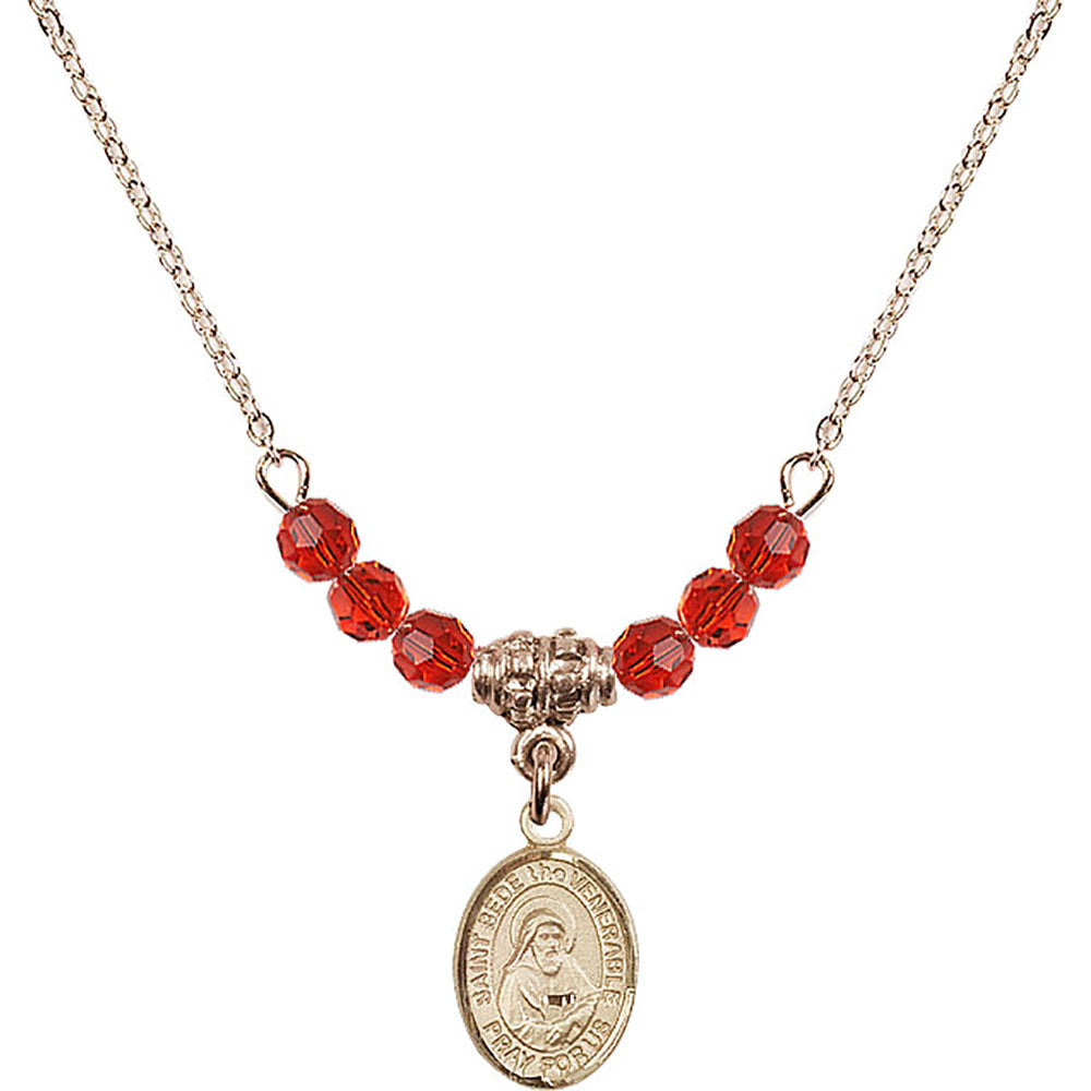 14kt Gold Filled Saint Bede the Venerable Birthstone Necklace with Ruby Beads - 9302