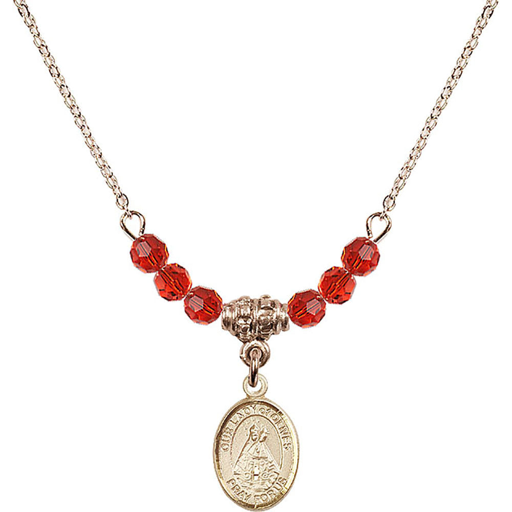 14kt Gold Filled Our Lady of Olives Birthstone Necklace with Ruby Beads - 9303