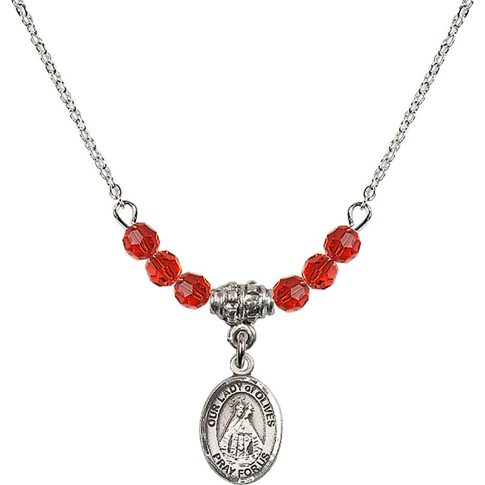Sterling Silver Our Lady of Olives Birthstone Necklace with Ruby Beads - 9303