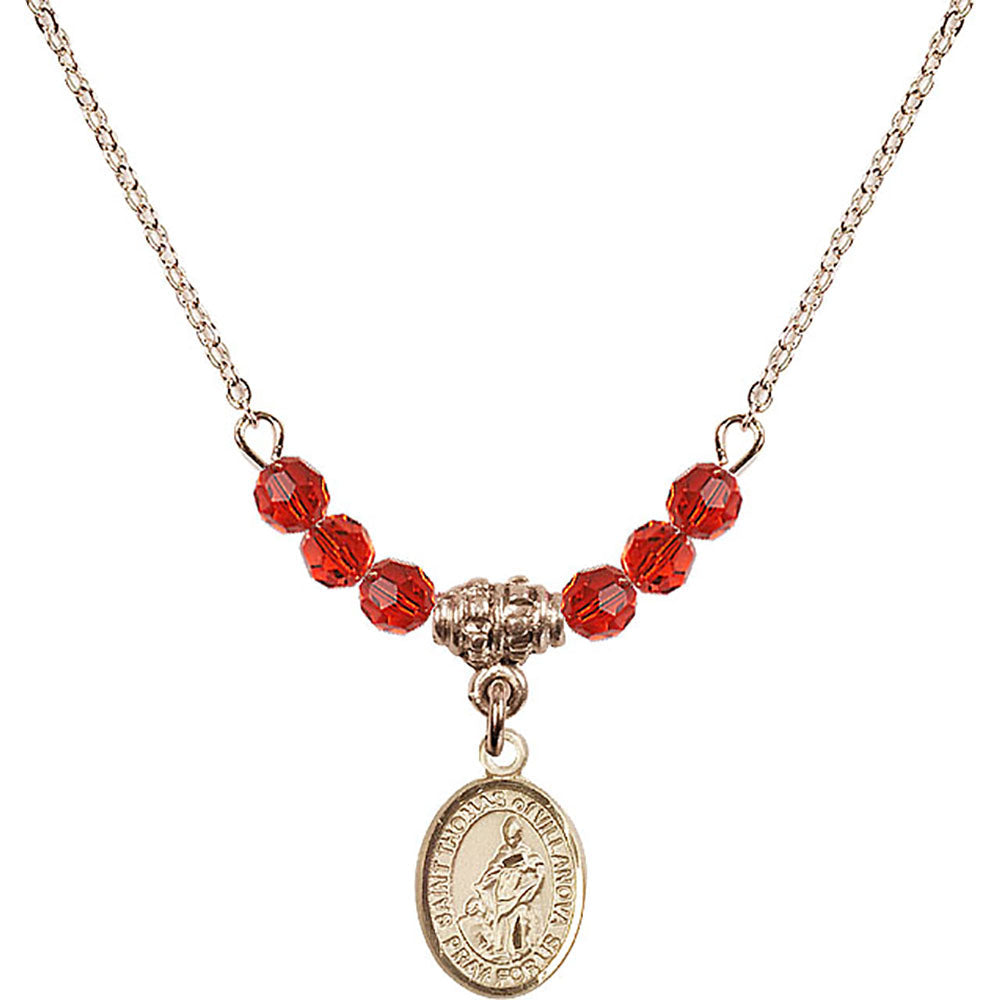 14kt Gold Filled Saint Thomas of Villanova Birthstone Necklace with Ruby Beads - 9304