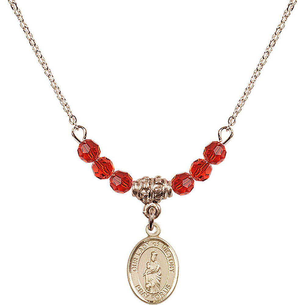 14kt Gold Filled Our Lady of Victory Birthstone Necklace with Ruby Beads - 9306