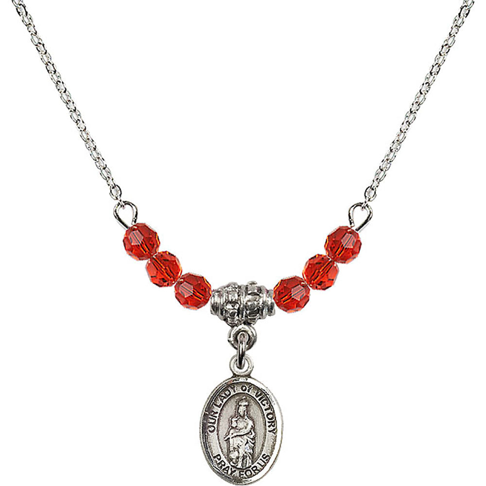 Sterling Silver Our Lady of Victory Birthstone Necklace with Ruby Beads - 9306