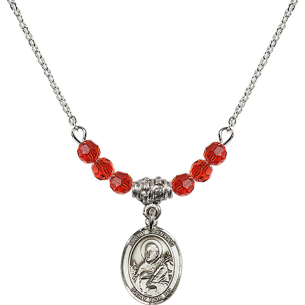 Sterling Silver Saint Meinrad of Einsiedeln Birthstone Necklace with Ruby Beads - 9307