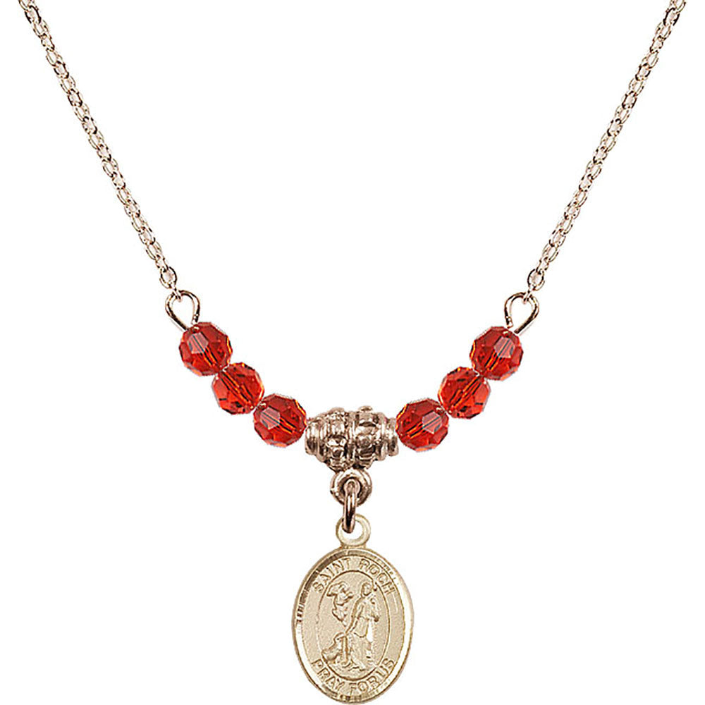 14kt Gold Filled Saint Roch Birthstone Necklace with Ruby Beads - 9310