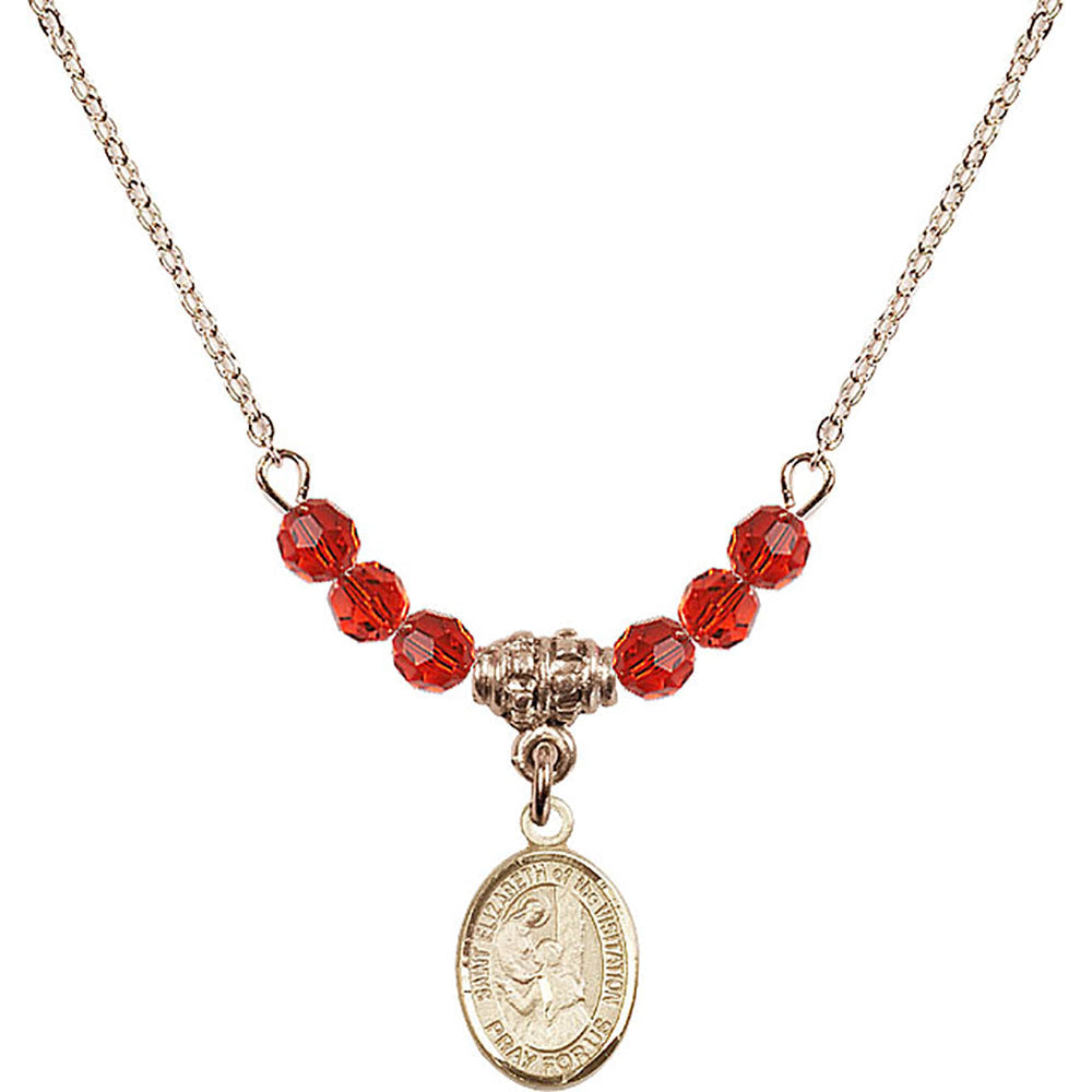 14kt Gold Filled Saint Elizabeth of the Visitation Birthstone Necklace with Ruby Beads - 9311