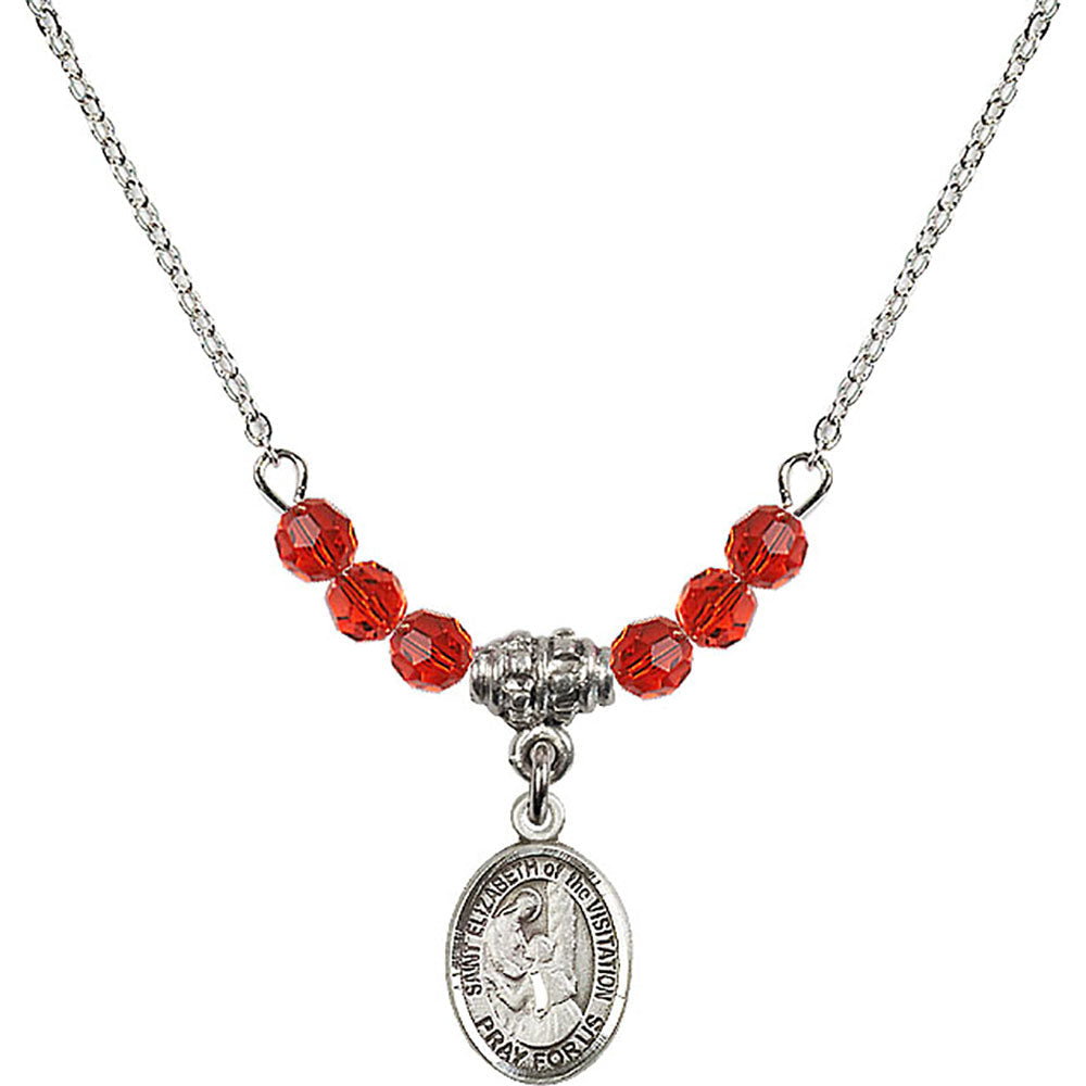 Sterling Silver Saint Elizabeth of the Visitation Birthstone Necklace with Ruby Beads - 9311