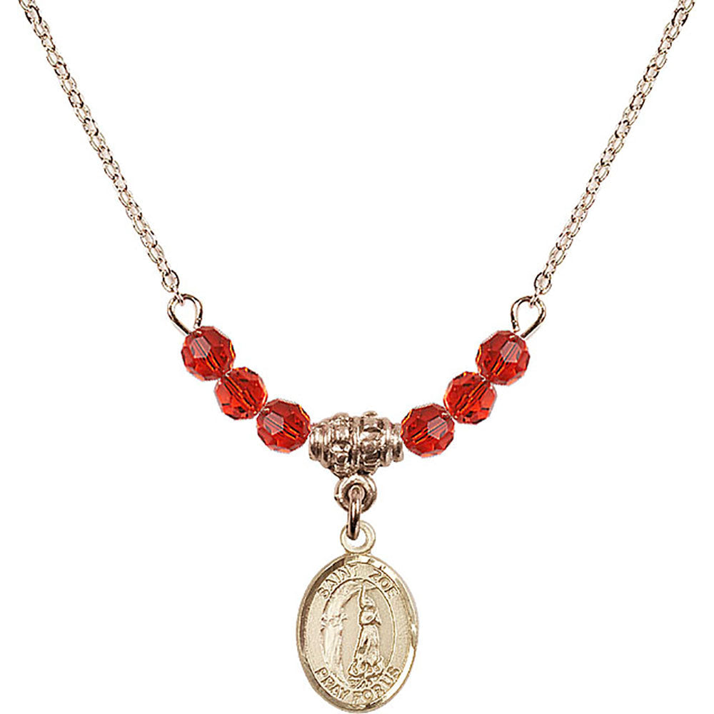 14kt Gold Filled Saint Zoe of Rome Birthstone Necklace with Ruby Beads - 9314