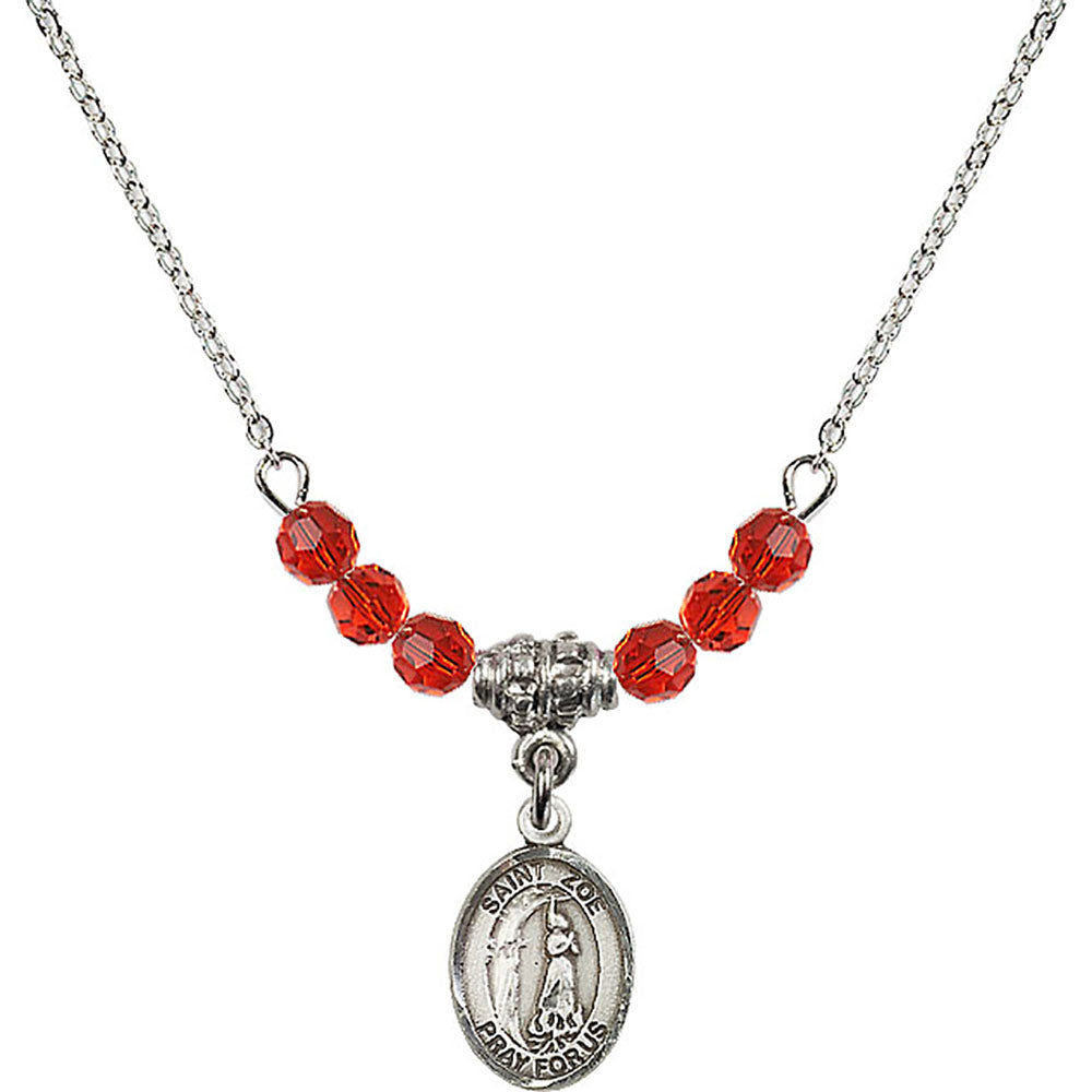 Sterling Silver Saint Zoe of Rome Birthstone Necklace with Ruby Beads - 9314