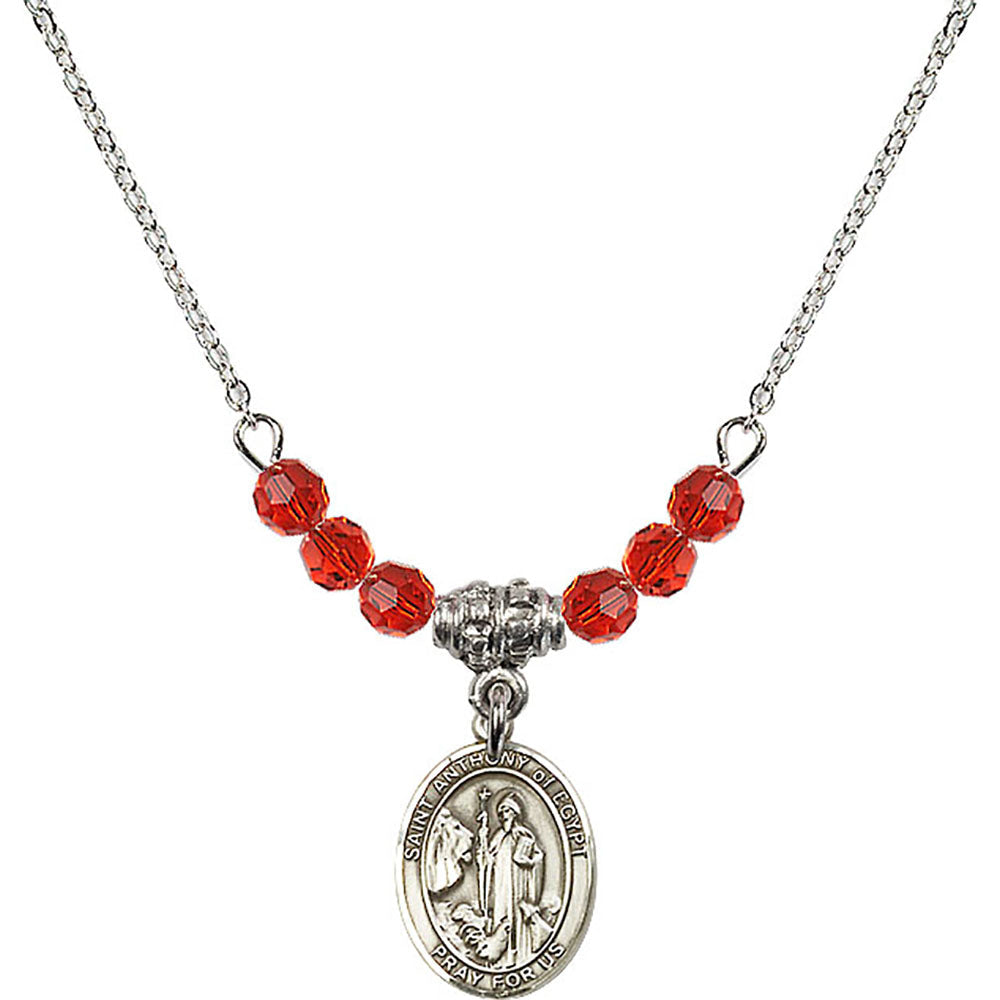 Sterling Silver Saint Anthony of Egypt Birthstone Necklace with Ruby Beads - 9317