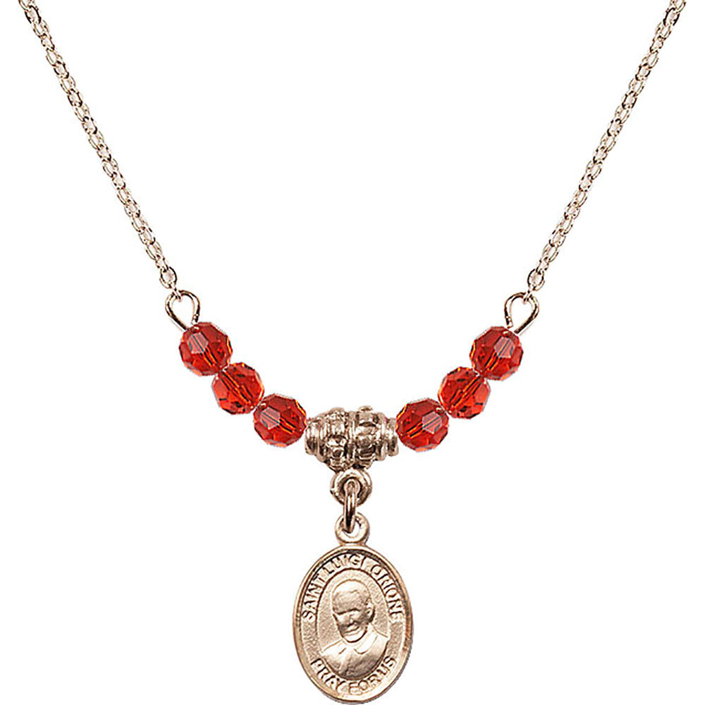 14kt Gold Filled Saint Luigi Orione Birthstone Necklace with Ruby Beads - 9326