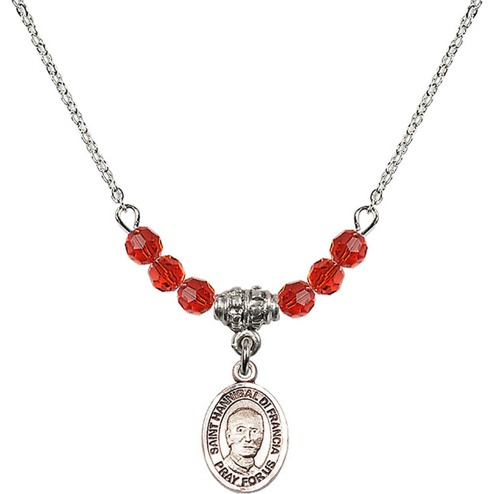 Sterling Silver Saint Hannibal Birthstone Necklace with Ruby Beads - 9327