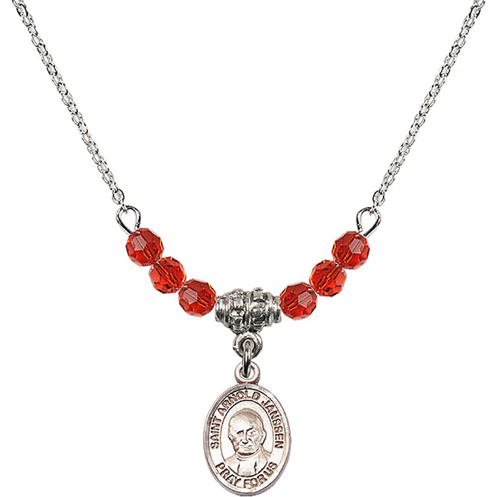 Sterling Silver Saint Arnold Janssen Birthstone Necklace with Ruby Beads - 9328