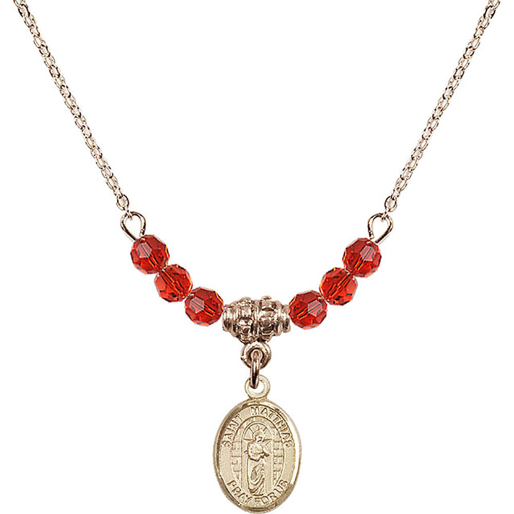 14kt Gold Filled Saint Matthias the Apostle Birthstone Necklace with Ruby Beads - 9331