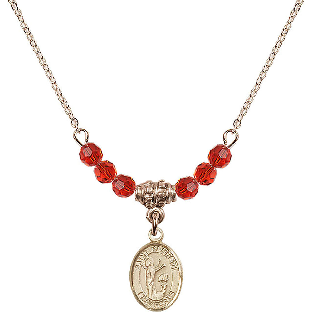 14kt Gold Filled Saint Kenneth Birthstone Necklace with Ruby Beads - 9332