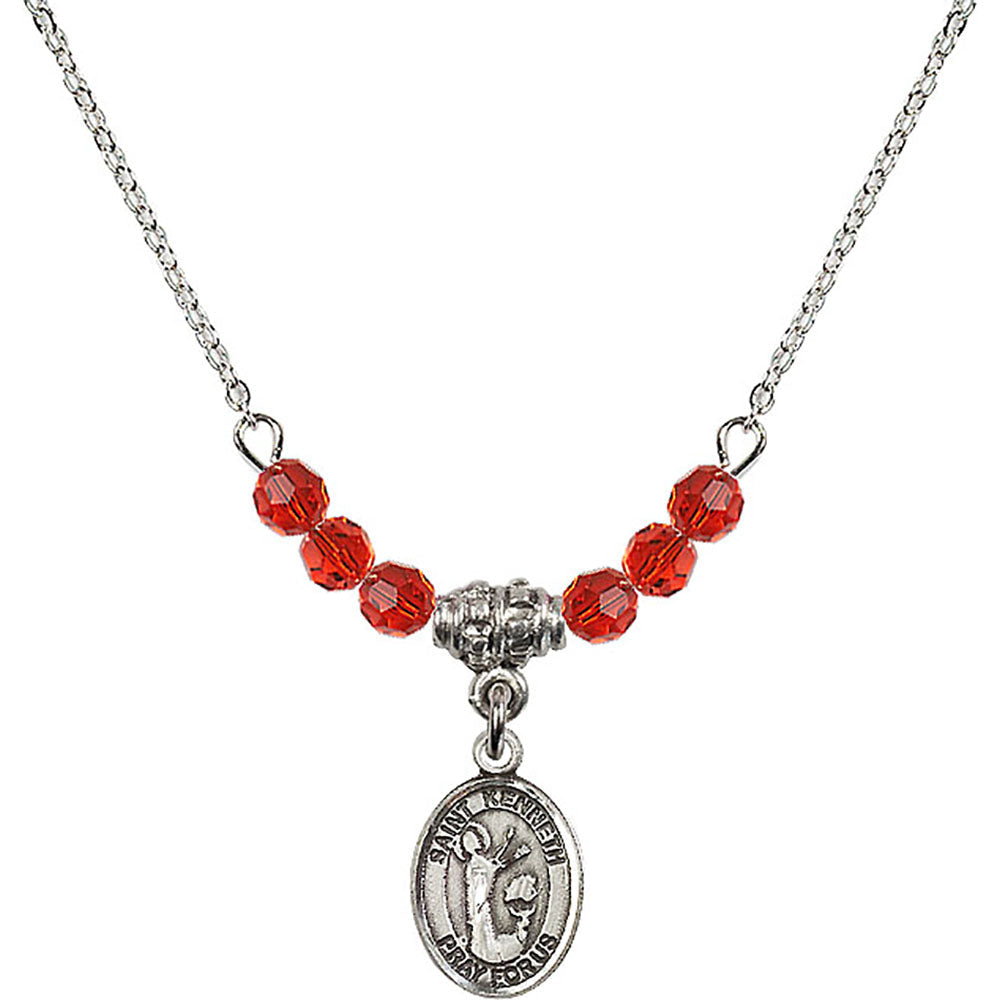 Sterling Silver Saint Kenneth Birthstone Necklace with Ruby Beads - 9332