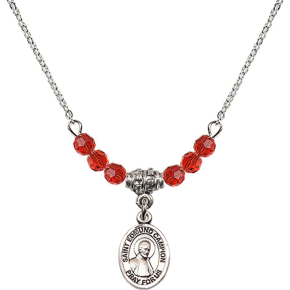 Sterling Silver Saint Edmund Campion Birthstone Necklace with Ruby Beads - 9333
